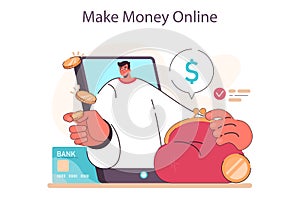 Passive income in the internet. Character making money on online