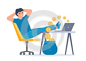 Passive income, internet salary, getting money on computer. Man work and relax in chair while coins fly out of computer