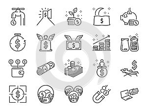 Passive income line icon set. Included the icons as Financial freedom, expenses, fee, investing and more