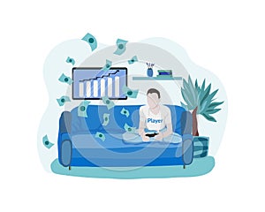 Passive income - making money while playing video games, man playing, sitting on couch, rain of money, computer screen