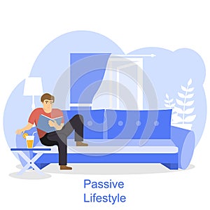 Passive lifestyle concept. The man sits on the sofa and reads a book without worrying about anything. Vector