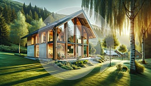 Passive solar home with large windows. Generative AI