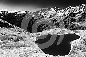 Passo Gavia, mountain pass in Lombardy, Italy, to Val Camonica at summer. Lake