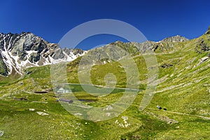 Passo Gavia, mountain pass in Lombardy, Italy, to Val Camonica at summer. Lake