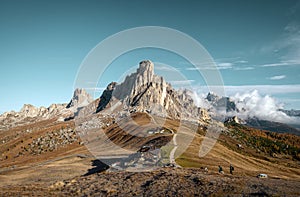 Passo Giau in autumn located in the Ampezzo Dolomites