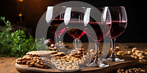 Passover background. Four wine glasses and jewish matzah dark background