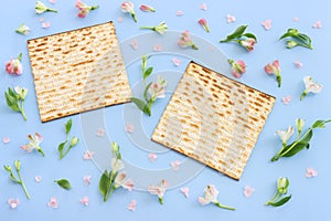 Passover background of matzoh (jewish holiday bread). Top view