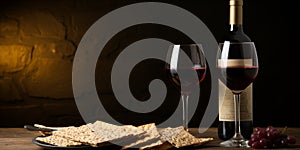 Passover background. Wine glasses and jewish matzah dark background