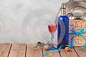 Passover background with wine, matzoh and seder plate