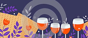 Passover banner. Pesach template for your design with matzah and spring flowers. Jewish holiday background. Vector