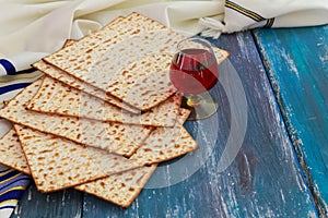 Passover celebration jewish pesach attributes, kosher wine, a matzah flatbread bread