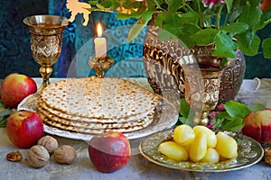 Passover celebration jewish pesach attributes, kosher wine, a matzah flatbread bread