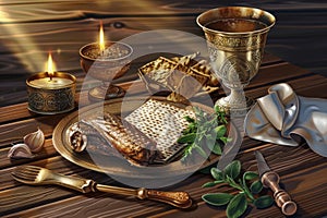 Passover Celebration Scene with Seder Plate, Elijah's Cup, and Haggadah on a Traditional Wooden Background