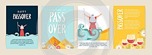 Passover greeting card set. Seder pesach invitation, greeting card template or holiday flyers. Moses separate sea for