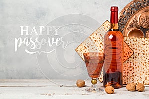 Passover holiday greeting card with wine and matzoh
