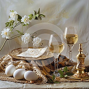 Passover, Passover holiday, Passover composition, wine, matzo, egg, greens, traditional Jewish Passover dishes. Warm