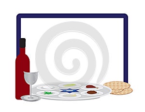 Passover plate, Elijah, Wine bottle and matzah with Blue frame