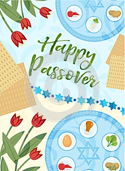 Passover poster, invitation, flyer, greeting card. Pesach template for your design with festive Seder table, kosher food