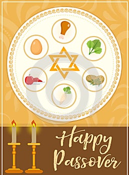 Passover poster, invitation, flyer, greeting card. Pesach template for your design with festive Seder table, kosher food