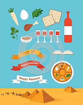 Passover seder plate with flat trasitional icons over a desert background