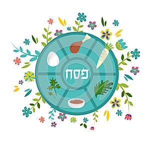 Passover seder plate with floral decoration, Passover in Hebrew in the middle. vector illustration photo