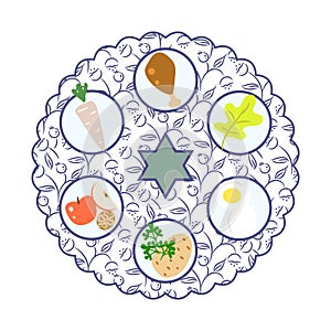 Passover seder plate with food cartoon vector illustration.
