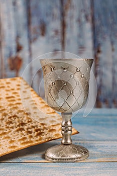 Passover wine and matzoh jewish holiday bread wooden board