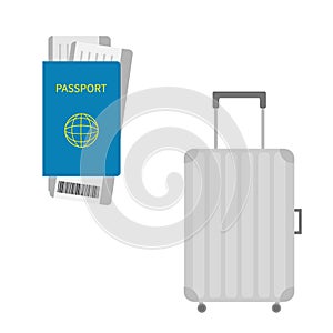 Passport, air boarding pass ticket with barcode. Suitcase icon. Travel baggage. Luggage handbag. Summer vacation planning concept