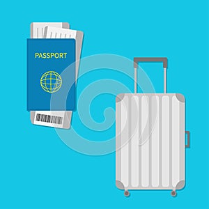 Passport, air boarding pass ticket with barcode. Suitcase icon. Travel baggage. Luggage handbag. Summer vacation planning consept