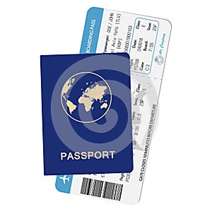 Passport and airline boarding pass. ID document with airplane ticket. Travel concept illustration.