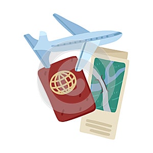 Passport with airplane and travel guide. Vector illustration