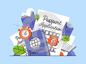 Passport application form with stopwatch and gear. Flat style vector illustration for citizenship and immigration services