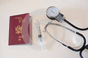 Passport on background, health and prevention coronavirus, medicine, migration photo