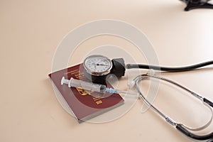 Passport on background, health and prevention coronavirus, medicine, migration photo