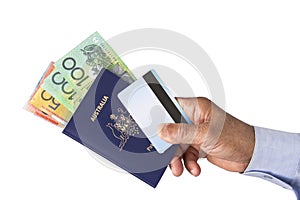 Passport, Bank ATM credit card and Australian dollars.