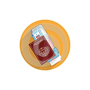 Passport with boarding pass ticket flat icon with long shadow. Passport with flight ticket flat icon