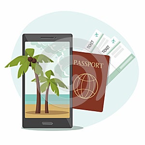 Passport with boarding pass tickets, and a phone with a beach and palm trees on screen.