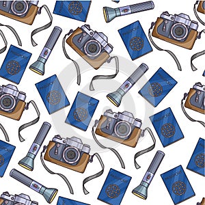 Passport and camera with flashlight traveling seamless pattern