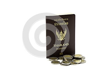 Passport cover of Thailand, Identification citizen with coins isolated on white background