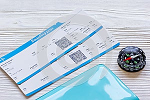 Passport, credit card, tickets on wooden background
