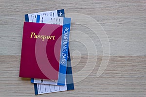 Passport and flight ticket airline travel concept