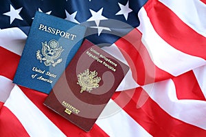 Passport of France with US Passport on United States of America folded flag