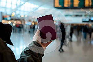 Passport in the hands of a tourist in the airport terminal. Generative AI