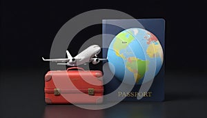 Passport for international flights, toy airplane, globe and hand luggage