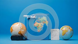 Passport for international flights, toy airplane, globe and hand luggage