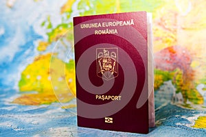 Passport on map. Travel to Europe Preparation for Traveling concept. An official passport of Romania