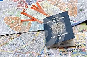 Passport, maps, and tickets