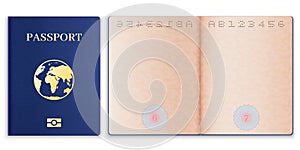 Passport mockup. Realistic blank open pages paper with watermark foreign passport, document cover with globe, id tourist