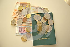 Passport, Money notes and coins