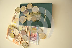 Passport, Money notes and coins
